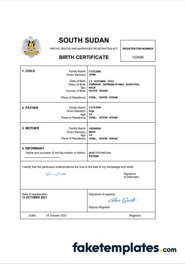 fake South Sudan vital record birth certificate download Word and PDF template | completely editable