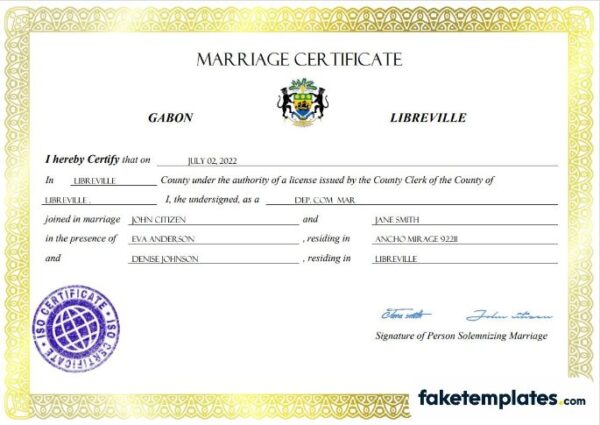 fake Gabon marriage certificate download Word and PDF template | fully editable