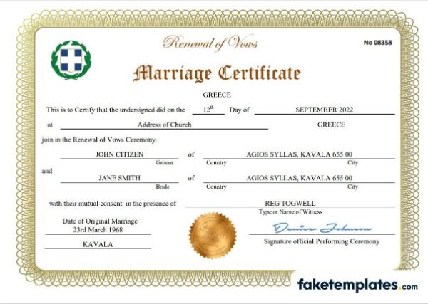 fake Greece marriage certificate download Word and PDF template | completely editable