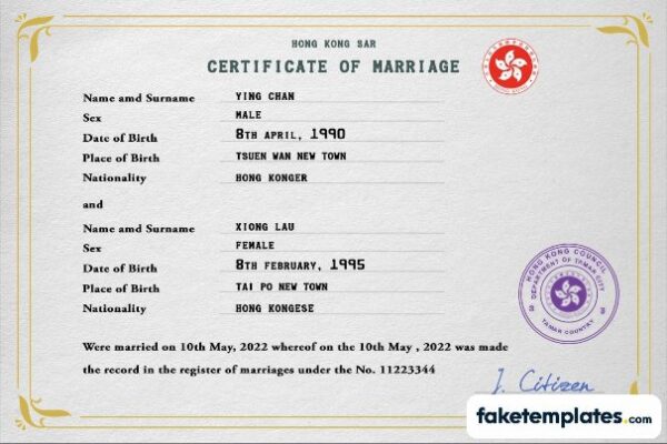 fake Hong-Kong marriage certificate download PSD template | completely editable