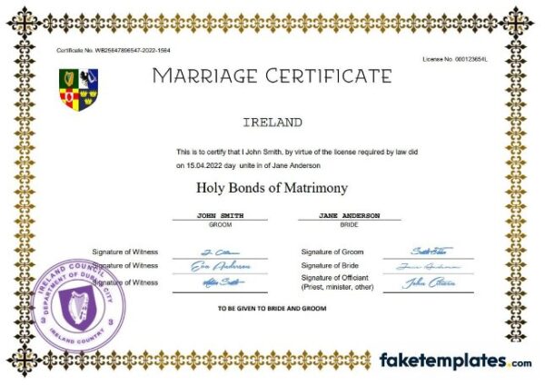 fake Ireland marriage certificate download Word and PDF template | fully editable