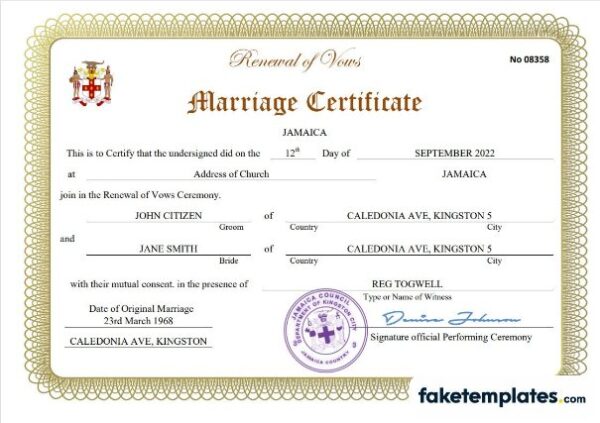 fake Jamaica marriage certificate download Word and PDF template | completely editable