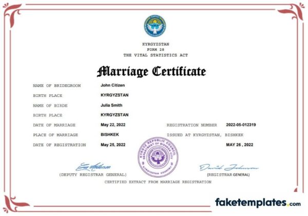 fake Kyrgyzstan marriage certificate download Word and PDF template | fully editable