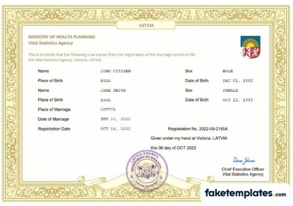 fake Latvia marriage certificate download Word and PDF template | fully editable