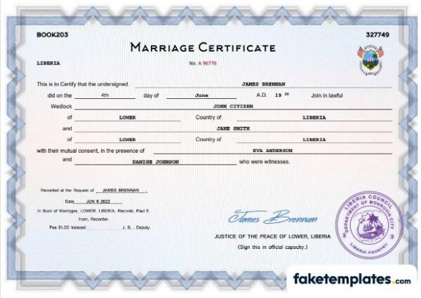 fake Liberia marriage certificate download Word and PDF template | completely editable