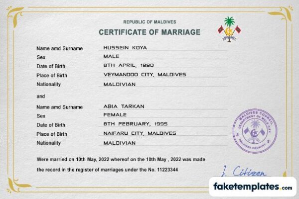 fake Maldives marriage certificate download PSD template | fully editable