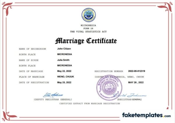 fake Micronesia marriage certificate download Word and PDF template | fully editable