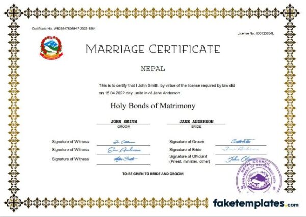 fake Nepal marriage certificate download Word and PDF template | fully editable