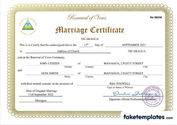 fake Nicaragua marriage certificate download Word and PDF template | fully editable