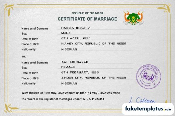 fake Niger marriage certificate download PSD template | completely editable