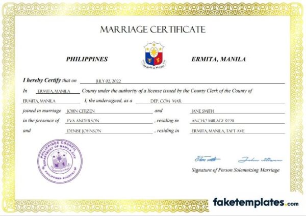 fake Philippines marriage certificate download Word and PDF template | completely editable