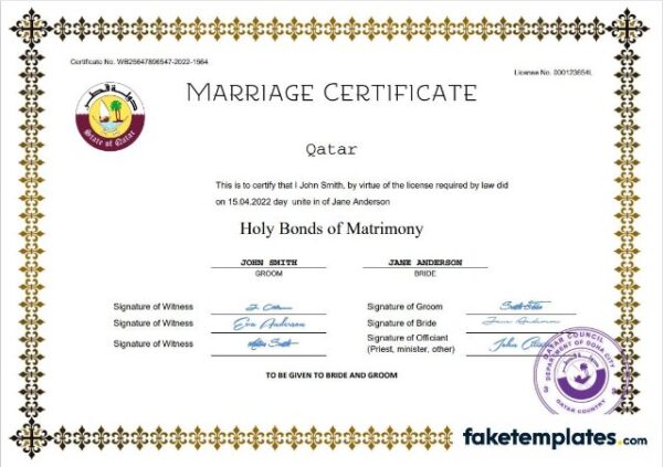 fake Qatar marriage certificate download Word and PDF template | fully editable