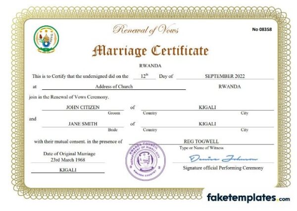 fake Rwanda marriage certificate download Word and PDF template | completely editable