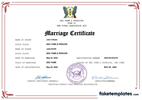 fake Sao Tome and Principe marriage certificate download Word and PDF template | fully editable