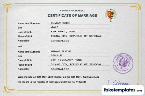 fake Senegal marriage certificate download PSD template | completely editable