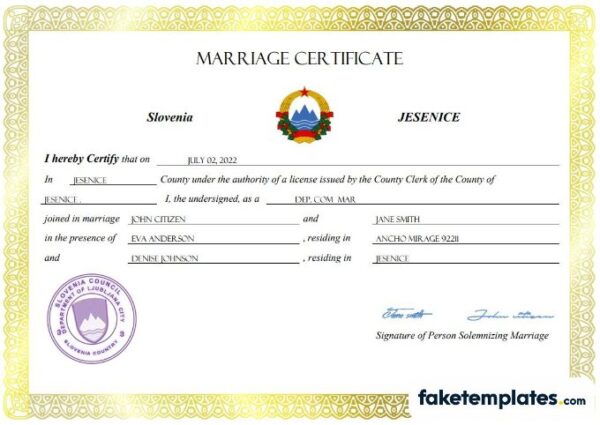 fake Slovenia marriage certificate download Word and PDF template | fully editable