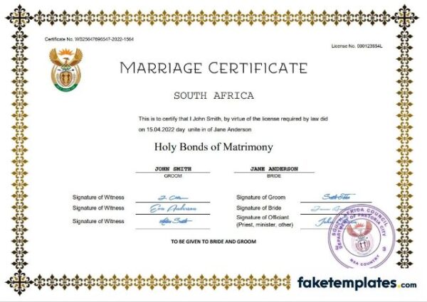 fake South Africa marriage certificate download Word and PDF template | completely editable