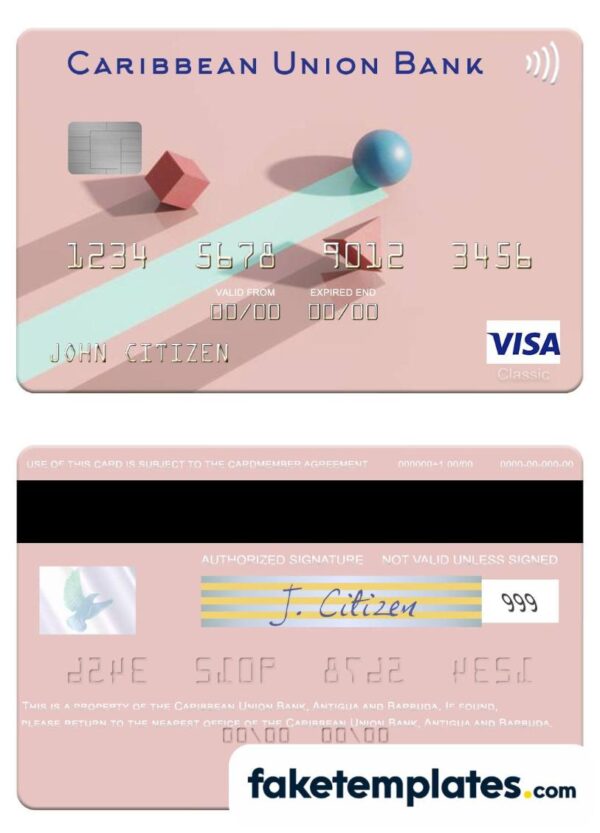 fake Antigua and Barbuda Caribbean Union Bank visa card download PSD template