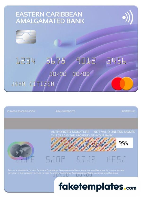 fake Antigua and Barbuda Eastern Caribbean Amalgamated Bank mastercard download PSD template