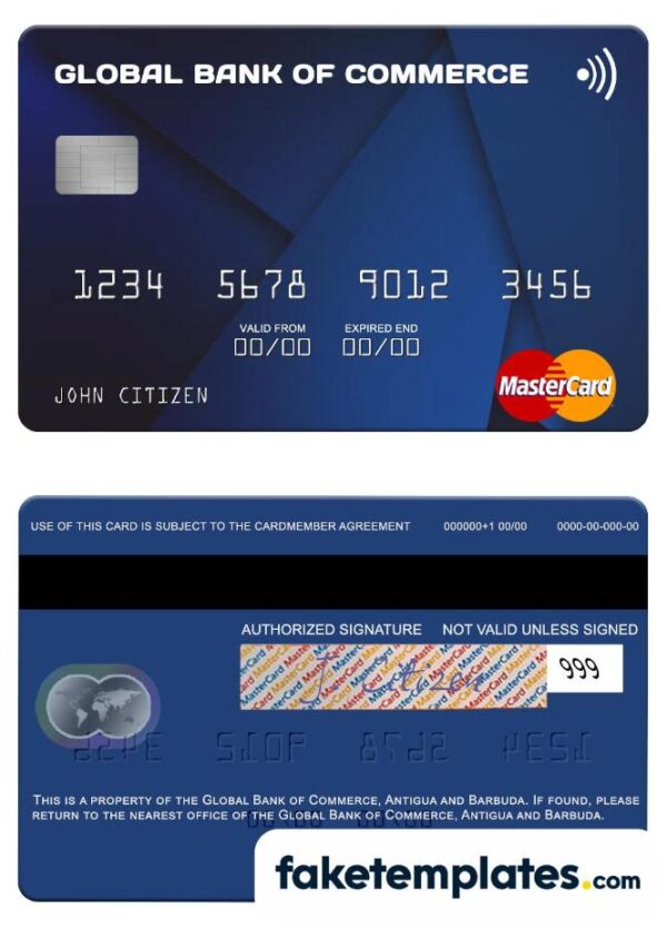 fake Antigua and Barbuda Global Bank of Commerce mastercard download PSD template