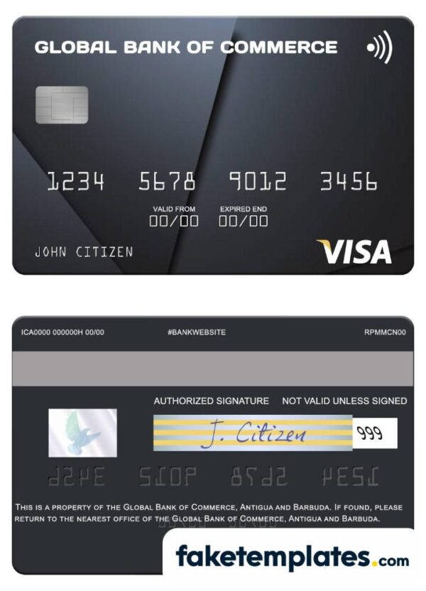 fake Antigua and Barbuda Global Bank of Commerce visa card download PSD template