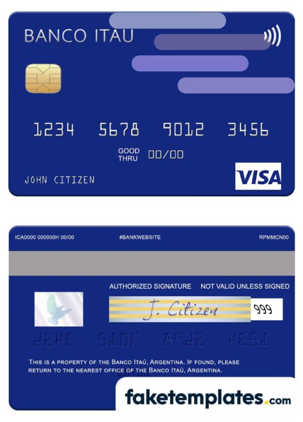 fake Argentina Banco Itaú visa card download PSD template