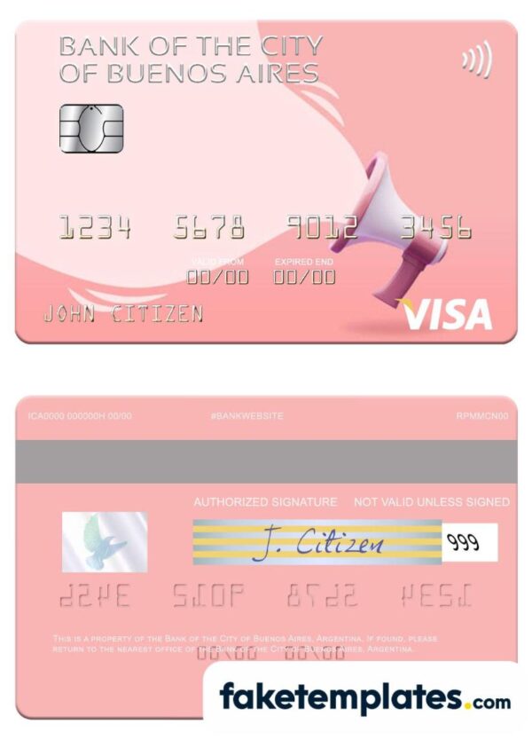 fake Argentina Bank of the City of Buenos Aires visa card download PSD template