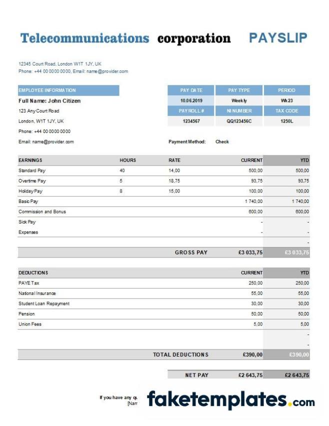 fake telecommunications corporation earning statement in Excel and PDF formats