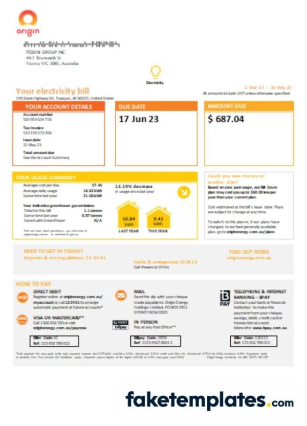 fake New South Wales (NSW) Origin electricity business utility bill,download Word and PDF template