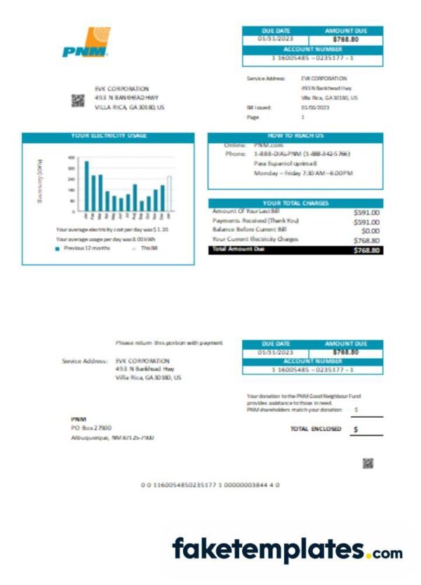 fake New Mexico PNM easy fillable business utility bill, download Word and PDF template