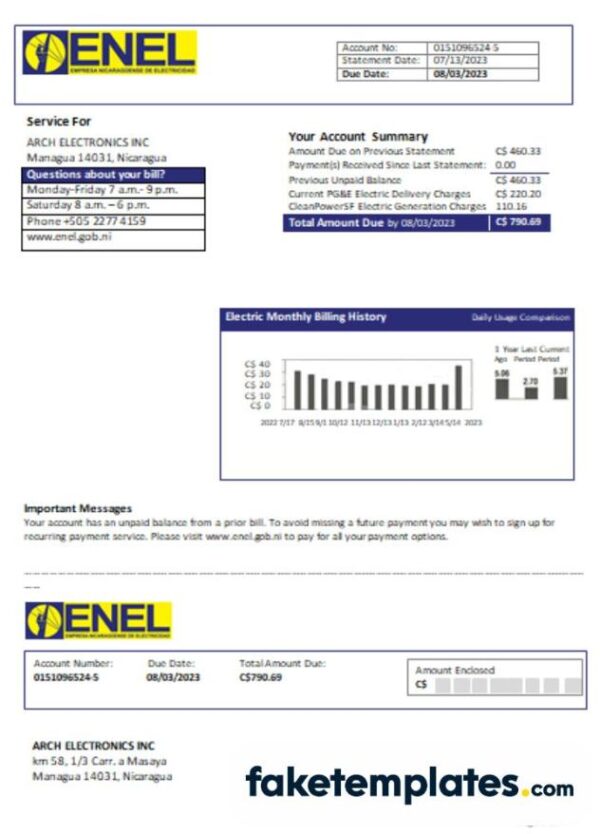 fake Nicaraguan Electricity Company (ENEL) electricity business utility bill, download Word and PDF template, 2 pages