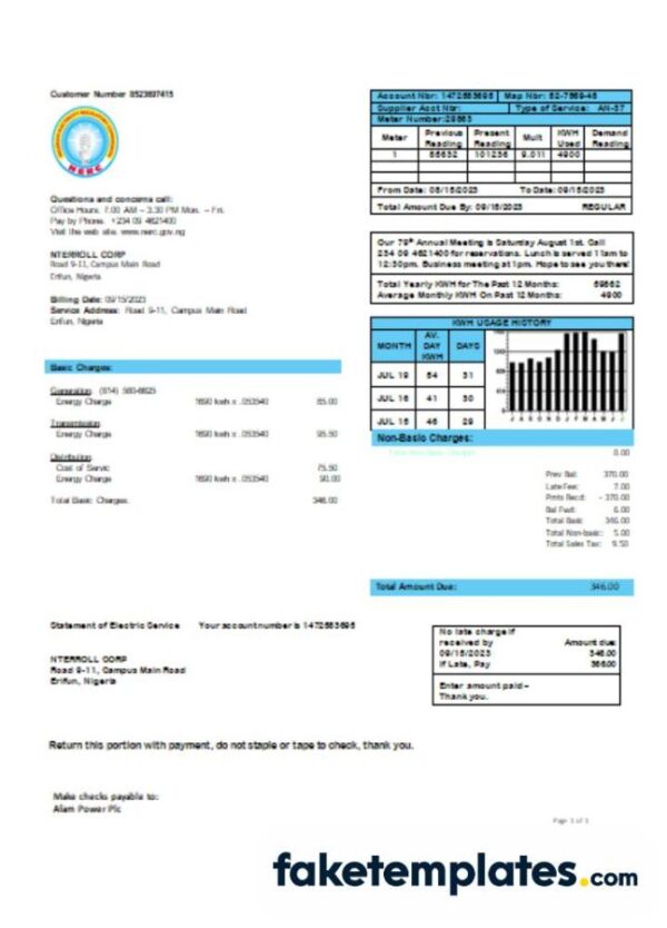 fake Nigerian Electricity Regulatory Commission electricity business utility bill, download Word and PDF template