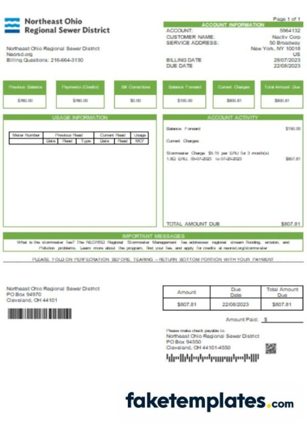 fake Northeast Ohio Regional Sewer Districtutility business utility bill, download Word and PDF template