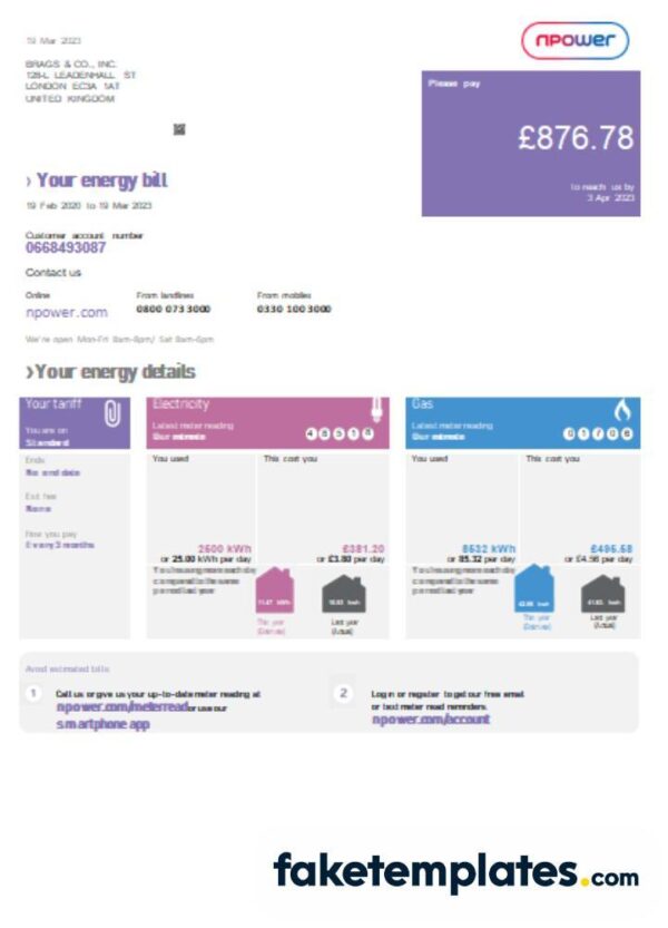 fake Npower business utility bill, download Word and PDF template, 2 pages