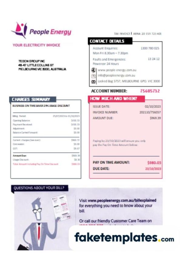 fake People Energy business utility bill, download Word and PDF template (Copy)