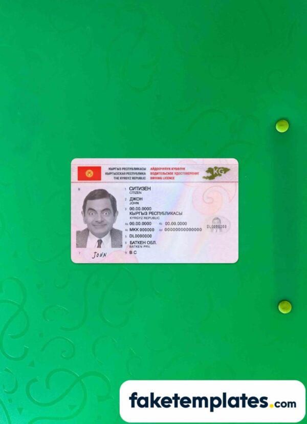 fake Kyrgyzstan driving license download photolook and scan look PSD templates | 2 in 1 