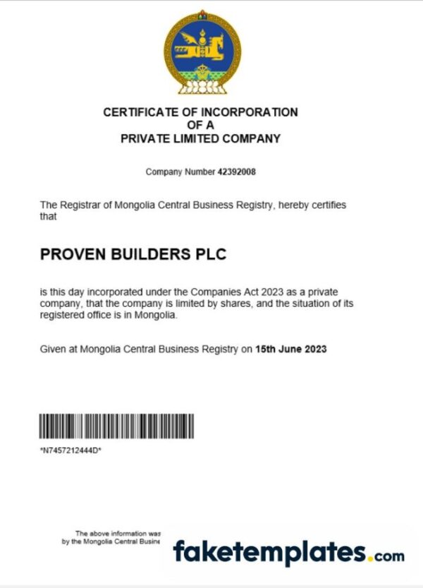 fake Mongolia business registration certificate download Word and PDF template