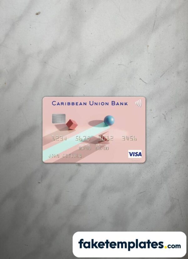 fake Antigua and Barbuda Caribbean Union Bank visa card photolook and scan look download PSD templates | 2 in 1