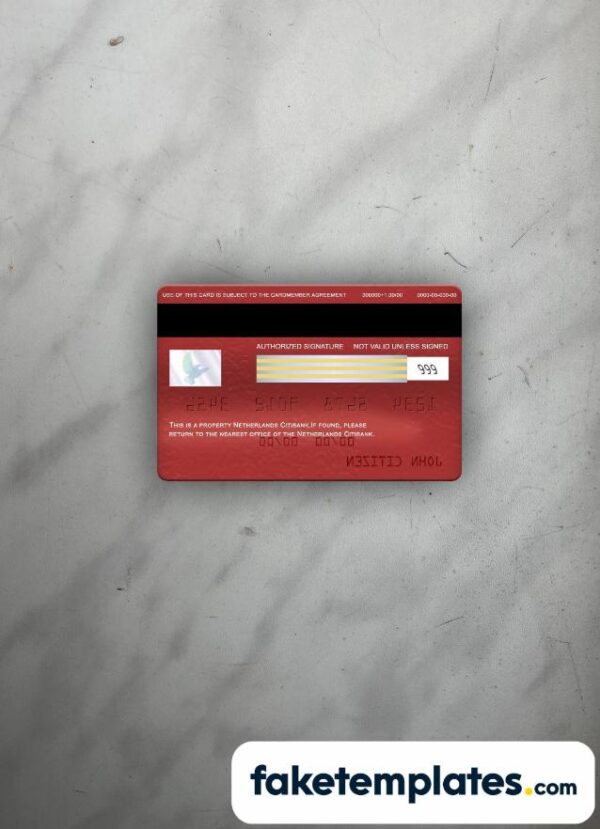 fake Netherlands Citibank visa classic card photolook and scan look download PSD templates | 2 in 1 - Image 2