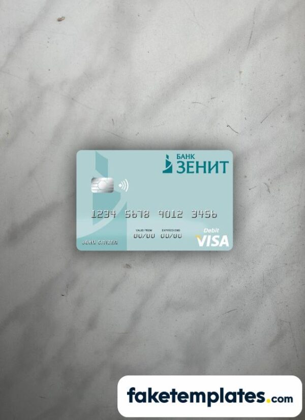 fake Russia Bank ZENIT visa debit card photolook and scan look download PSD templates | 2 in 1