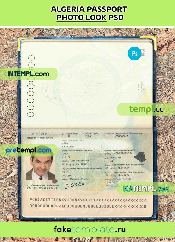fake Algeria passport download photolook and scan look PSD templates