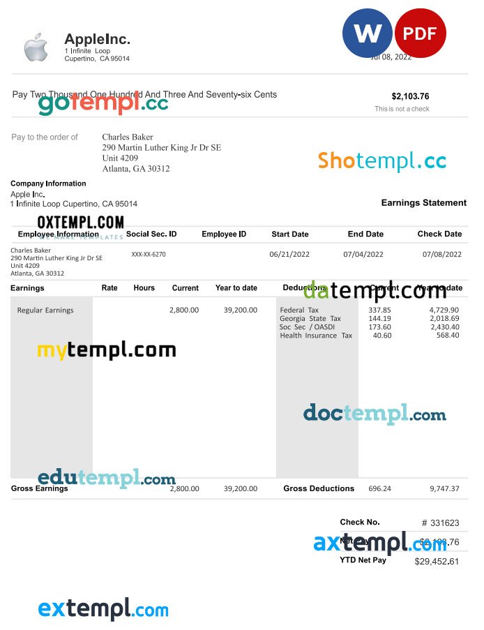 fake Apple inc pay stub download Word and PDF template - download fake ...