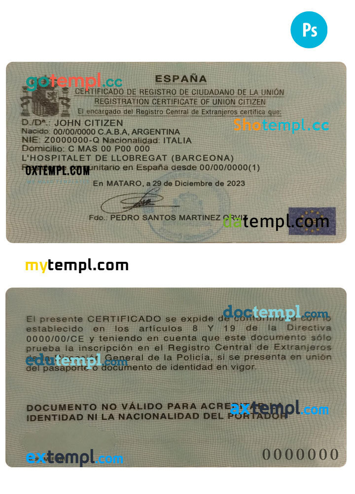 fake Spain registration certificate of union citizen PSD template ...