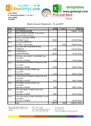 Albanian ProCredit bank statement 3 - 6 months sample in Excel and PDF format