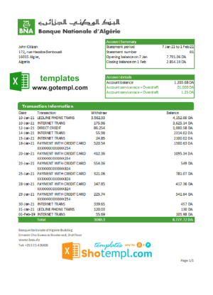 Algerian Banque nationale d’Algérie (BNA) bank statement 3 - 6 months sample in Excel and PDF format