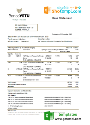 Angolan Banco Yetu bank statement 3 - 6 months sample in Excel and PDF format