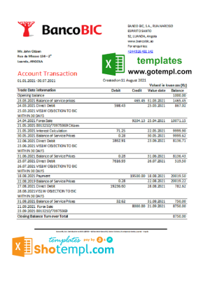 Angolan Banco BIC bank statement 3 - 6 months sample in Excel and PDF format