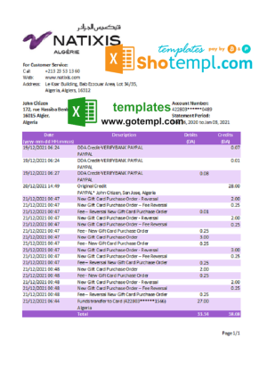 Algerian Natixis Algerie bank statement 3 - 6 months sample in Excel and PDF format