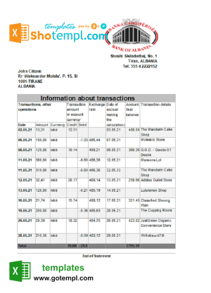 Albanian Bank of Albanian bank statement 3 - 6 months sample in Excel an PDF format