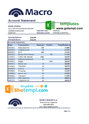 Argentinian Banco Macro S. A. bank statement 3 - 6 months sample in Excel and PDF format